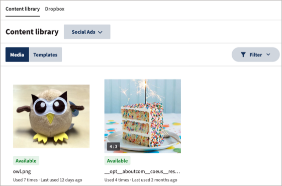 The Content library tab in Plan, with available media assets. 