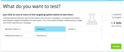 What do you want to test showing ecucation status, gender, relationship status, and placement, with interests highlighted.