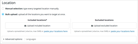 Location with bulk upload selected showing included and excluded locations options.