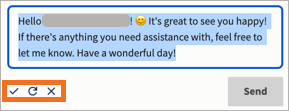 Área de resposta para uma conversa com Accept, Rewrite e Cancel destacados.