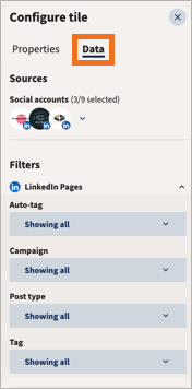 Configure tile window with data tab selected showing filter options.