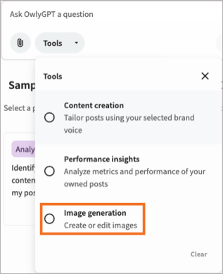 The OwlyGPT Tools menu with the Image generation option highlighted.