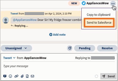 An example message in Inbox 2.0 with the three dots button selected and Send to Salesforce highlighted.