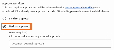 Approval workflow section of a sample post with Marks as approved option highlighted.