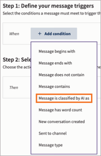 An image of the list of trigger conditions for Inbox automation, with the AI classifier option highlighted.