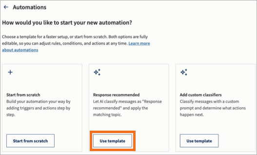 Automations in Inbox with the AI classifier template highlighted.