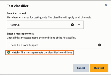 The Test classifier window, with a successful match message hightlighted.