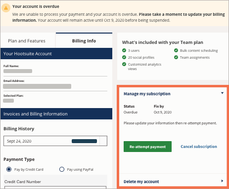 Billing screen with manage my subscription area highlighted.