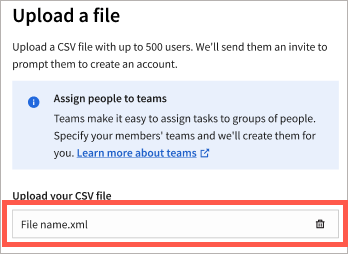 Upload a file with the Upload your CSV file area highlighted.