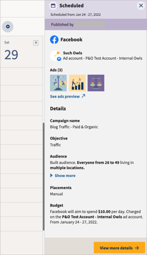 Planner showing side panel with ad campaign details.