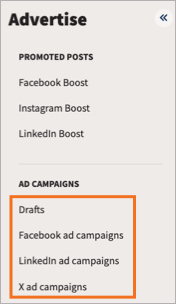 The Advertise navigation with the ad campaign options highlighted.