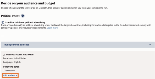 Build your own audience for LinkedIn ad campaign, with Edit audience highlighted.