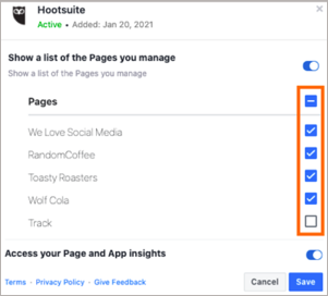 A list of Pages in a sample Facebook account's business integration settings.