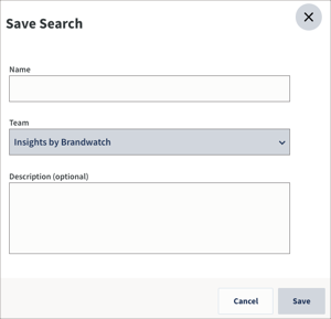 Save search showing name, team, and description boxes.