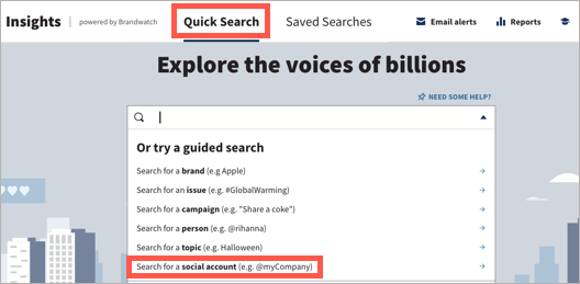Quick Search search options with Search for a social account highlighted.