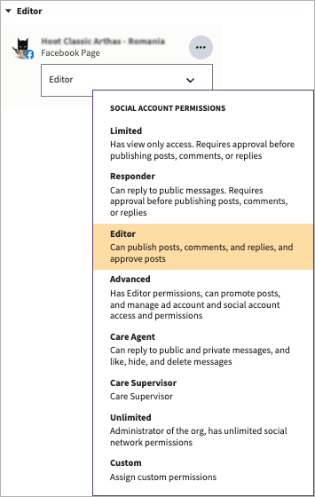 Sample social account showing permissions available and Editor permission selected.