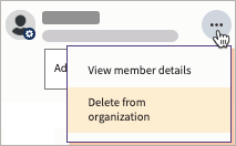 Example member with More actions selected and Delete from organization highlighted.
