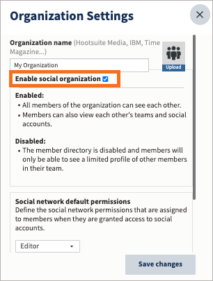 Organization settings with enable social organization option highlighted.