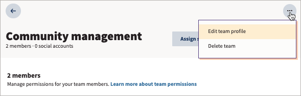 Sample team with More actions selected and Edit team profile highlighted.