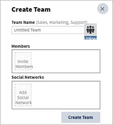 Create team area showing options for team name, members, and social networks.