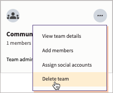 Sample team with More actions selected and Delete team highlighted.