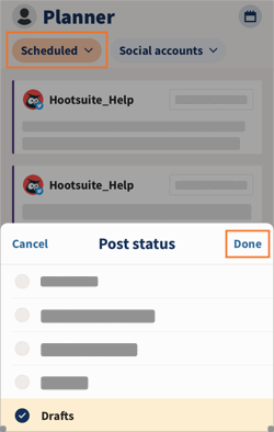 The post status filter open, with Drafts selected and Done highlighted.