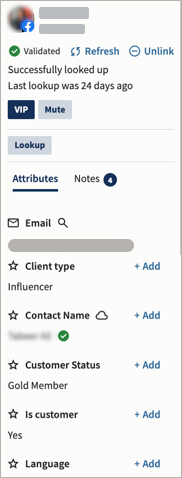 The Contact tab, showing a sample contact with an account number, an email address, a language, and a membership.