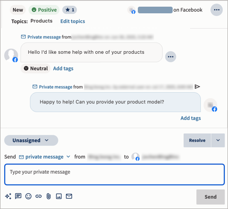 The conversation view with a sample conversation between a contact and an agent.