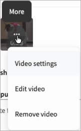 A cursor pointing to a video thumbnail, revealing the options to view settings and edit the video.