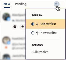 Sample custom inbox showing the new and pending queues. Three dots is selected showing sort and bulk resolve options.