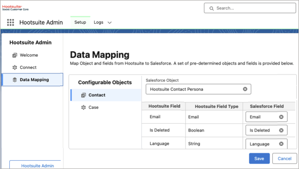 Example of setup, data mapping screen showing contact and case configurable objects.
