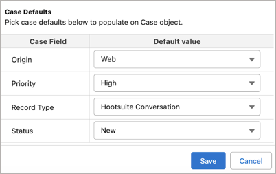Example showing case defaults Origin, Priority, Record Type, and Status mapped to sample default values.