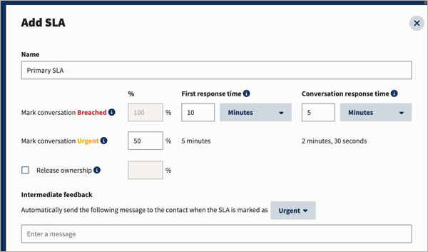 A new SLA policy with sample response times.