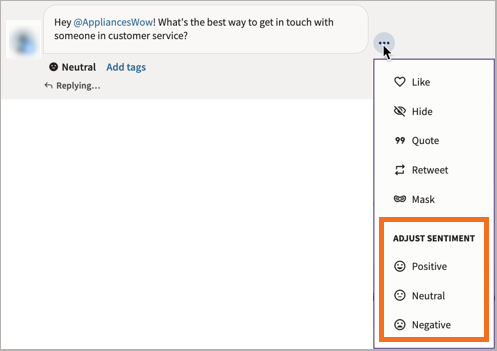 Sample message with Message actions selected and Adjust sentiment options highlighted.