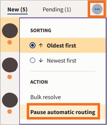Inbox more actions menu with Pause automatic routing highlighted.