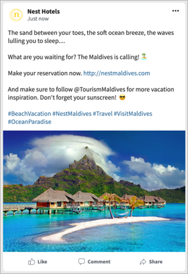 Sample post showing caption, emoji, CTA, mentions, hashtags, and image.