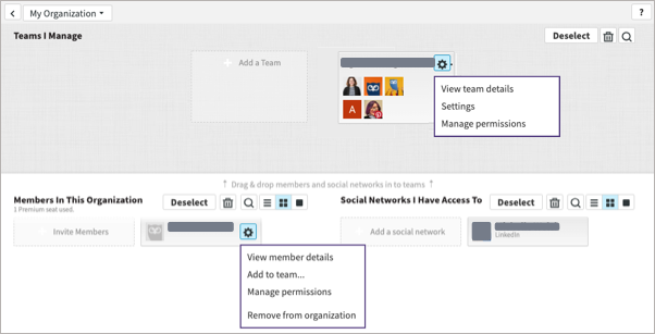 Manage area for a sample organization showing where to add a team, invite members, and add social accounts.