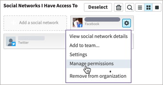 social accounts in a sample organization area with settings selected and Manage permissions highlighted