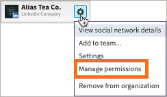 Sample social account with Settings selected and Manage permissions highlighted.