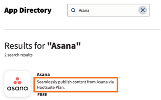 A screenshot of the Asana app in the Hootsuite app directory, with description highlighted.