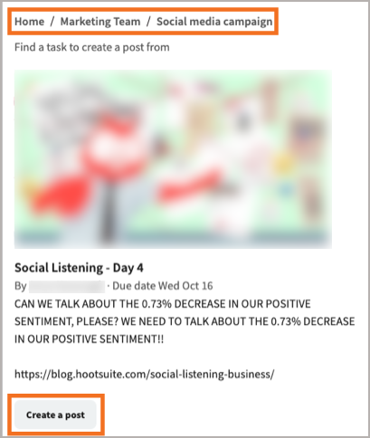 Sample post from a project management app with folder path highlighted.