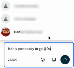 A sample of an internal comment using the "@" symbol, and a list of team members to choose from.