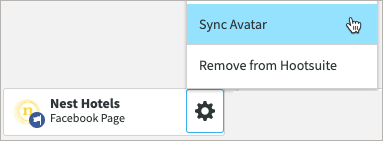 The expanded gear icon settings menu of a social account, showing the Sync Avatar option highlighted.