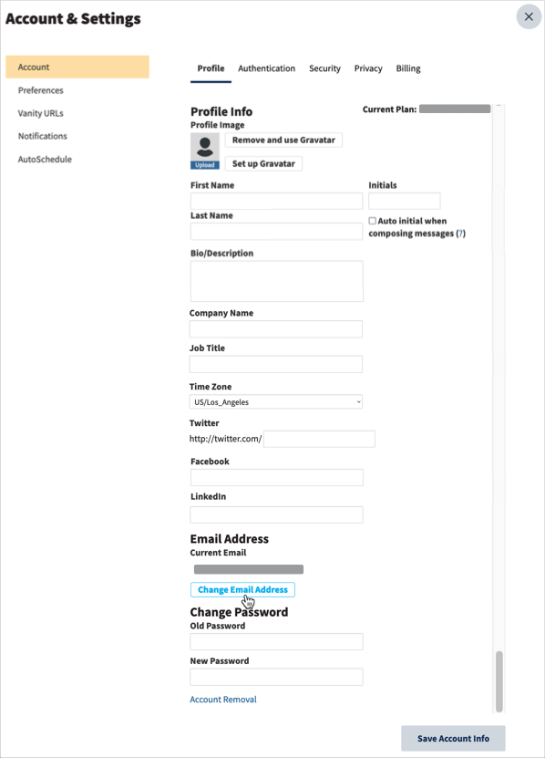 Account and settings with account selected showing email address options at the bottom.