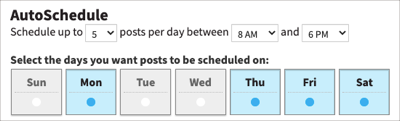 Example of AutoSchedule settings scheduling up to 5 posts between 8am-6pm on Monday, Thursday, Friday, and Saturday.
