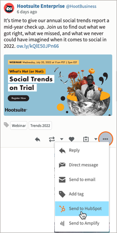 Sample tweet in streams with more actions selected and send to hubspot highlighted.