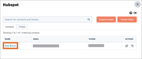 HubSpot app main screen with contact highlighted.