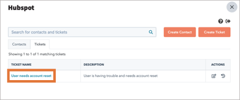 HubSpot app main screen with ticket name highlighted.