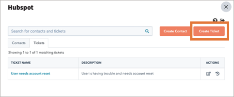 HubSpot main screen with Create Ticket highlighted.