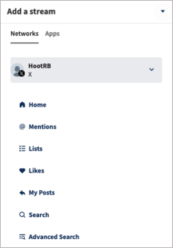 Add an X stream with Home, Lists, My Tweets, Mentions, Lkes, and Scheduled.